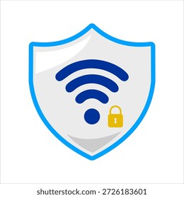 Vector illustration of a shield with WiFi symbol and padlock showing secure WiFi access, network security, and digital protection, flat art design style.
