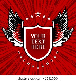 vector illustration of shield and wings set on red grunge background