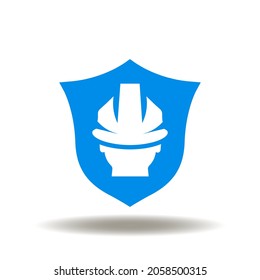 Vector illustration of shield and worker. Icon of safety work. Symbol of protective equipment.