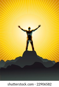 Vector illustration of shilouetted man standing in front of a sun disc on a mountain's peak