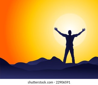 Vector illustration of shilouetted man standing in front of a sun disc on a mountain's peak