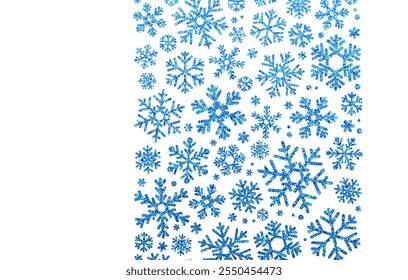 Vector illustration of shimmering blue snowflakes arranged on a white background, ideal for festive and winter designs.