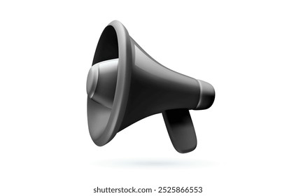 Vector illustration of shine black megaphone with shadow on white color background. Communication loudspeaker. 3d style design of announcement bullhorn and speaker for social media, web, site, banner