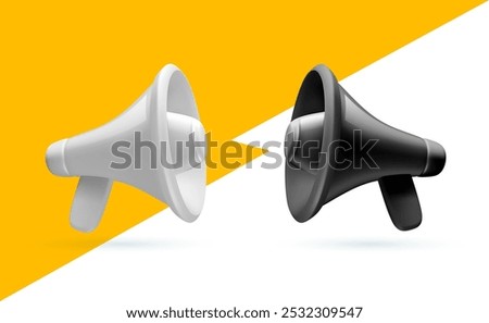 Vector illustration of shine black and white megaphone with shadow on color background. Communication loudspeaker. 3d style design of announcement bullhorn and speaker for social media, web banner
