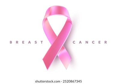 Vector illustration of shine breast cancer pink realistic ribbon with shadow. Template design with word for awareness month campaign banner. Symbol of breast cancer awareness with loop on white