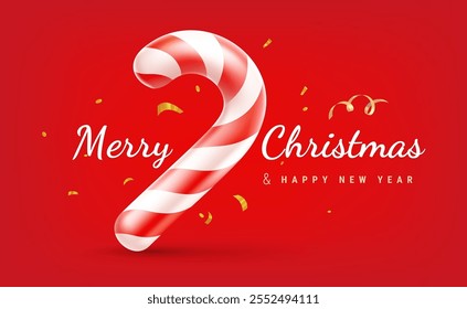 Vector illustration of shine christmas candy cane on red background with golden confetti. 3d cartoon style design of striped candy cane with text Merry Christmas and Happy New Year. Winter sweet gift