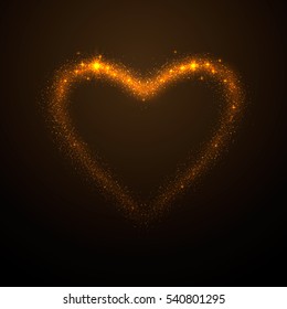 Vector illustration of shine glow gold heart silhouette with tails, like meteor, isolated on dark background