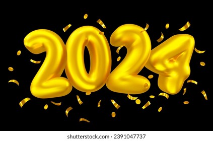 Vektorgrafik der glänzenden goldenen Nummer 2024 mit Glitter auf schwarzem Hintergrund. Winterurlaub-Design im 3D-Stil des glücklichen neuen Jahres 2024. Dekoratives Luftballonsymbol für Grußkarte, Web