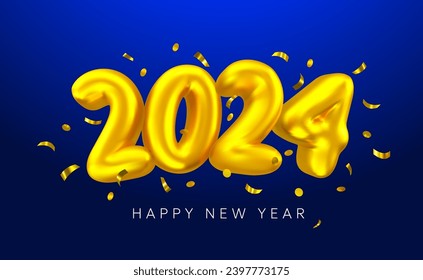 Ilustración vectorial del brillante número dorado 2024 con confetti sobre fondo de color azul. 3d estilo vacaciones de invierno diseño de feliz año nuevo 2024. Símbolo de globo de aire decorativo para tarjeta de saludo, banner 