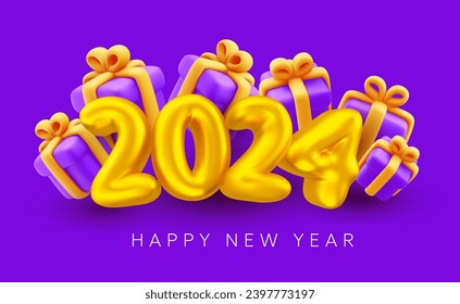 Ilustración vectorial del brillo dorado número 2024 con caja de regalo sobre fondo de color. 3d estilo vacaciones de invierno diseño de feliz año nuevo 2024. Símbolo de globo de aire decorativo con regalo para tarjeta de saludo