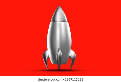 Vector illustration of shine gray metallic space ship on red color background. 3d style design of business startup symbol for web, site, banner, poster