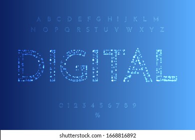 Vector illustration. Shine lights concept. Minimalist vector font without lines. Glowing letters and numbers for design advertisement, sale banners, discount cards. Technology and futuristic style