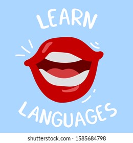 Vector illustration of shine red half open talking lips on blue background with text. Flat style design of lips for web, site, banner, greeting card