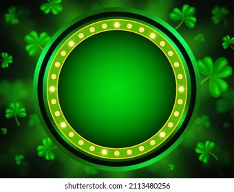 Vector illustration shining background with green clovers and round banner for St Patricks day design
