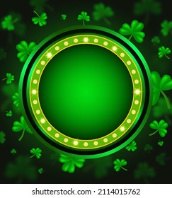 Vector illustration shining background with green clovers and round banner for St Patricks day design