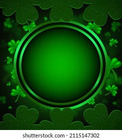 Vector illustration shining background with green clovers and round banner for St Patricks day design
