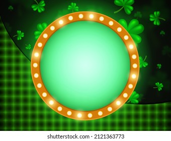 Ilustración vectorial fondo brillante con trébol verde y banner amarillo para el diseño del día de St Patricks