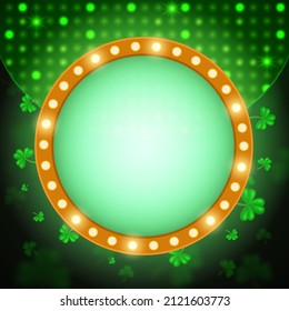 Vector illustration shining background with green clovers and round banner for St Patricks day design