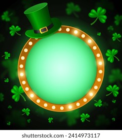 Vector illustration shining background with green clovers, Leprechaun Top Hat and round golden banner for St Patricks day design