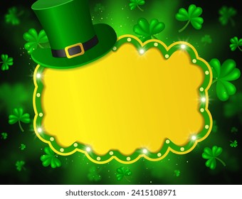 Vector illustration shining background with green clovers, Leprechaun Top Hat and golden banner for St Patricks day design