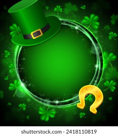 Vector illustration shining background with green clovers, Leprechaun Top Hat, horseshoe and round sparkle banner for St Patricks day design