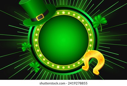 Vektorgrafik-glänzender Hintergrund mit grünen Uhren, Leprechaun-Top-Hut, Hufeisen und Rundbanner für St. Patricks-Tagesdesign