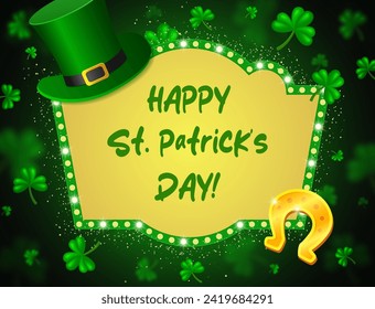 Vector illustration shining background with green clovers, Leprechaun Top Hat, horseshoe and golden banner for St Patricks day design