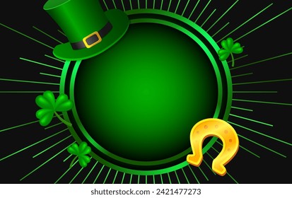 Vector illustration shining background with green clovers, Leprechaun Top Hat, horseshoe and round banner for St Patricks day design