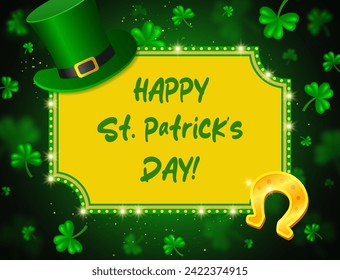 Vector illustration shining background with green clovers, Leprechaun Top Hat, horseshoe and golden banner for St Patricks day design