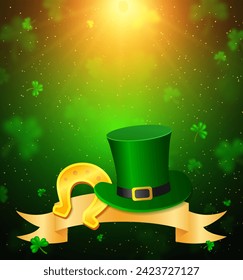 Vector illustration shining background with green clovers, golden ribbon, horseshoe, Leprechaun Top Hat and sunlight beams for St Patricks day design