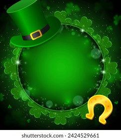 Ilustración vectorial de fondo brillante con tréboles verdes, Leprechaun Top Hat, herradura y pancarta redonda de chispa para el diseño del día de San Patricio