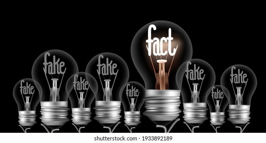 Vector illustration of shining and dimmed light bulbs with fibers in a shape of Fake and Fact concept words isolated on black background.
