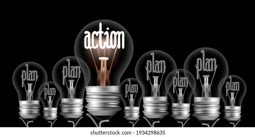 Vector illustration of shining and dimmed light bulbs with fibers in a shape of Action and Plan words on black background.