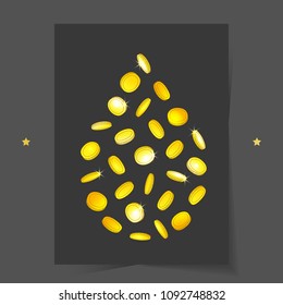 Vector illustration: shining glossy golden flying coins in different positions in form of symbolic tear isolated on black paper list mock up background. 