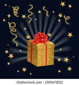 Vector illustration of shining golg gifts box on festive dark blue background with serpentine and confetti 