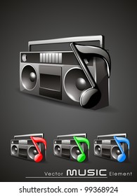 Icono del reproductor estéreo de música gris brillante en colores gris, rojo, azul y verde. EPS 10. Aislado sobre fondo gris.