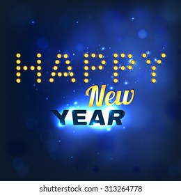 Vector illustration of shining Happy New Year typography on a dark blue Christmas background with stars and lights. Useful illuminated abstract backdrop for the New Year postcard, poster