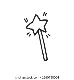 Vector illustration. Shining magic wand with star isolated on a white background. Fairy design element. Hand drawn doodle clipart.
