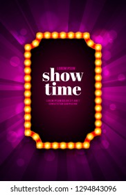 Vector Illustration Shining Retro Cinema Billboard. Vintage Bright Sign Board Template With Showtime Text.