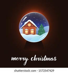 Vector illustration of shining snow globe. House in snow and Christmas tree inside, snowfall. Winter landscape, Merry Christmas handwritten typography, card, postcard, banner, poster. Dark background.