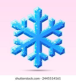 Vektorillustration von glänzendem Schneeflockenkristall isoliert auf hellrosa Hintergrund