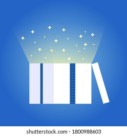 Vector illustration of a shining and spark opened gift box with radial blue gradient background