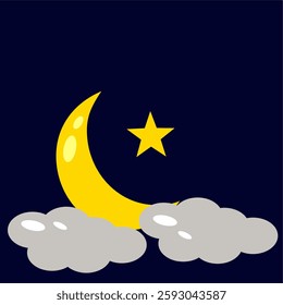 vector illustration of a shining star and crescent moon among clouds, with a dark sky background