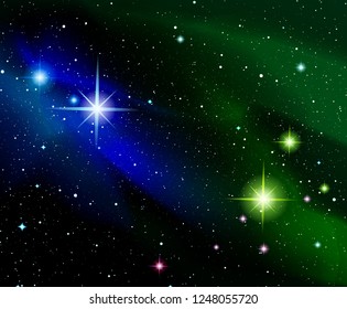 Vector illustration. Shining stars. Fantasy. Cosmos; Outdoor space. Blue and green galaxies and constellations.