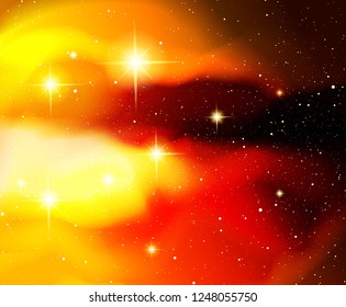 Vector illustration. Shining stars. Fantasy. Cosmos; Outdoor space. Orange-red-yellow galaxy and constellations.