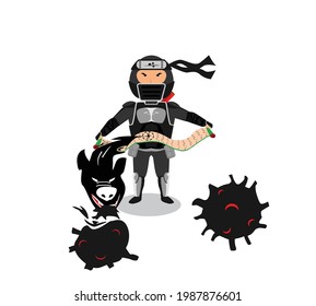 A vector illustration of shinobi kills the virus with his kuciose jutsu.