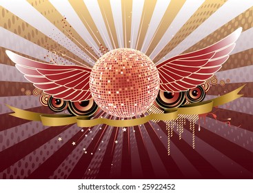 Vector illustration of shiny abstract party design with disco ball and ribbon
