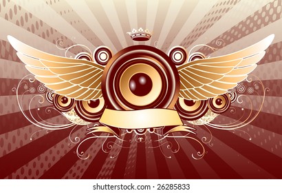 Vector illustration of shiny abstract party design with speaker, crown, ribbon and floral elements