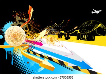 Vector illustration of shiny abstract party design with disco ball on color style urban background