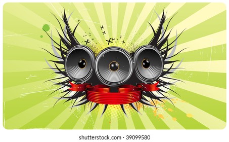 Vector illustration of shiny abstract party design with speakers,  ribbon and floral elements